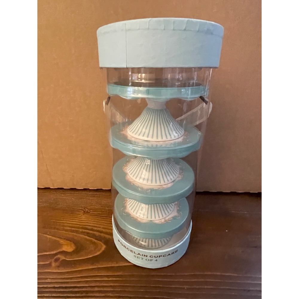 New Grace Teaware Pastel Blue Stripe Porcelain Mini Cupcake Stands Pedestals Set